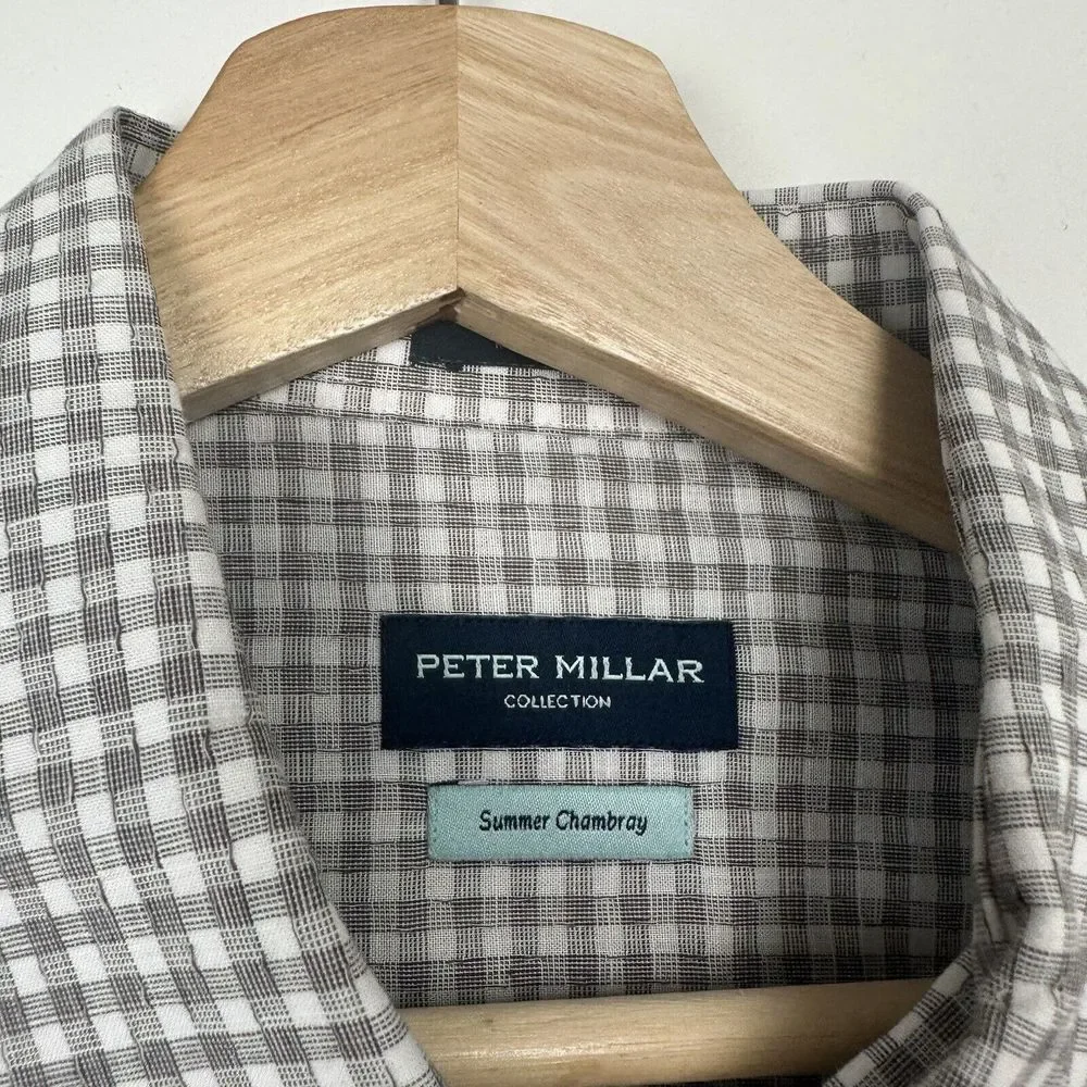 Peter Millar Collection Shirt Mens Large Gray Solid Summer Chambray‎ Button Down